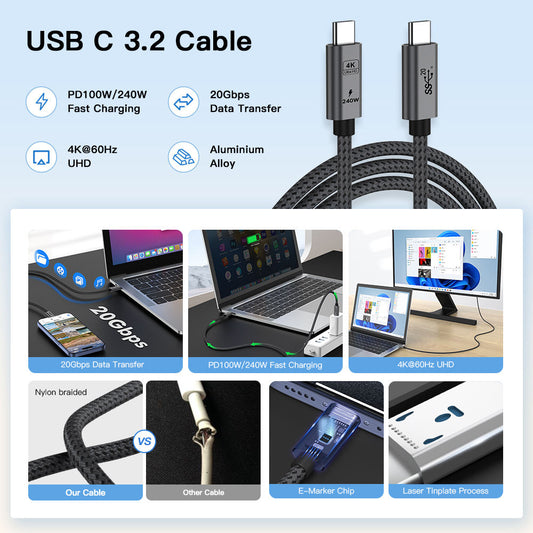 UNIEAN 240w Wholesale 2M 3M USB 3.2 Cable 5A Type C Usb Fast Charging Cable Data Cables for Iphones 15 Pro Max to Android