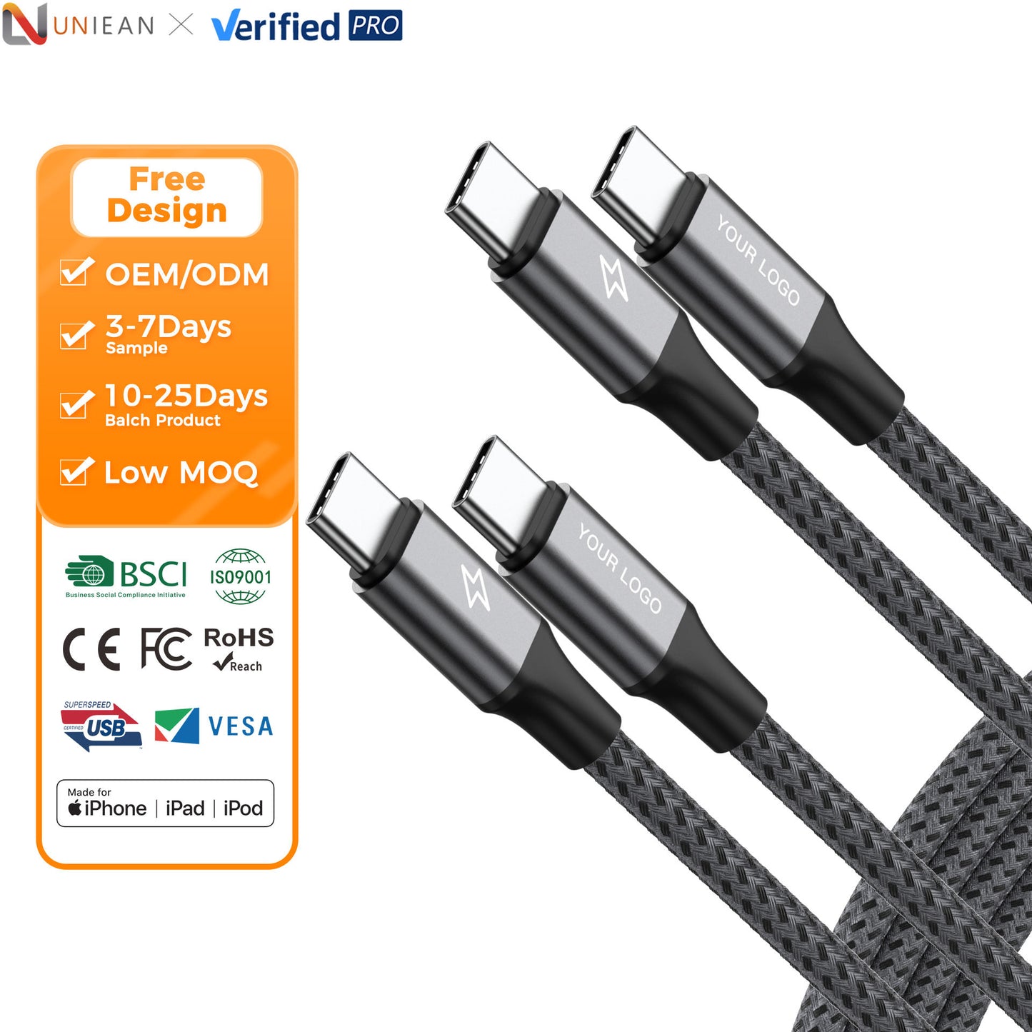 UNIEAN Factory Wholesale 2M 3M USB a to C Cable 5V2A Type C Usb Fast Charging Cable USB C 2.0 60W Data Cables for Iphones