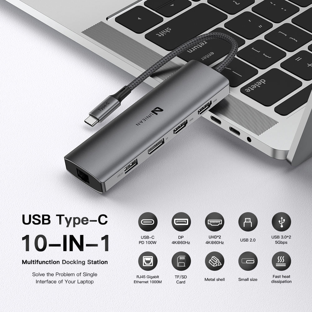 UNIEAN Wholesale Usb C Hub 3.0 10 in 1 Adapter Docking Station Type C Usb Hub 4 Ports 8 in 1 Usb C Hub for Macbook Pro