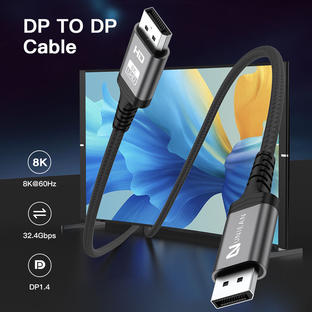 UNIEAN Wholesale HD 2M 3M 8k Div Cable 1.4 DP to DP 60Hz 2.0 Cable Display Port to 2.1 Video Cable for Mobile to Tv Ps5