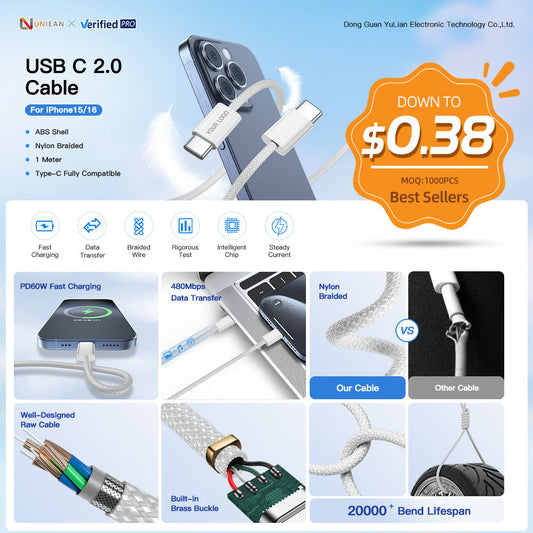 UNIEAN OEM ODM USB2.0 3A 60W Fast Charging Type-C to USB Cable USB-C Charging Cable Colorful for Apple Mobile Phone