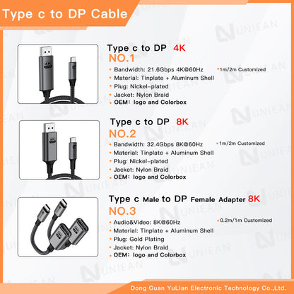 UNIEAN Wholesale HD 2M 3M Data Transfer 8k 60Hz Dp Cable 3.2 USB Type C to 2.1 DP Cable for Video Cable to Mobile Tv Ps5