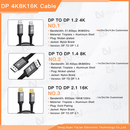 UNIEAN Wholesale HD 2M 3M 8k Div Cable 1.4 DP to DP 60Hz 2.0 Cable Display Port to 2.1 Video Cable for Mobile to Tv Ps5