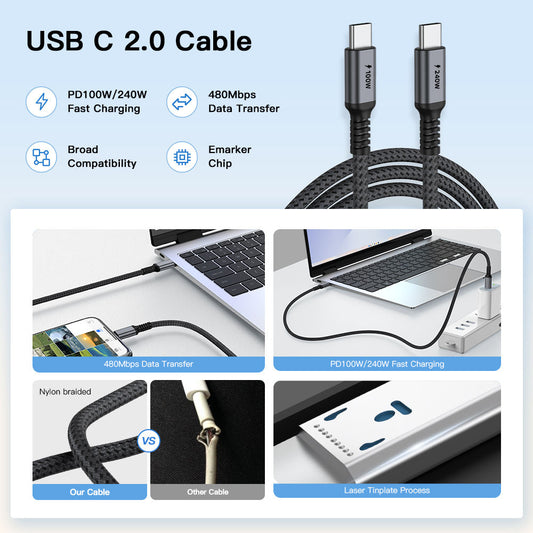 100% Full Inspection Braided Aluminum USB2.0 480Mbps Type C to Type C Cable USB Cable Type-c Fast Charging USB Cable
