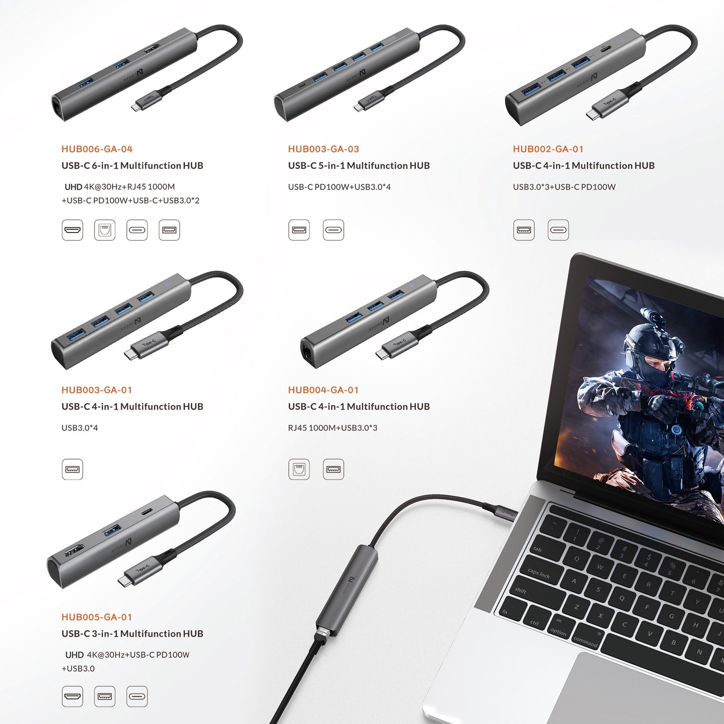 UNIEAN Wholesale Usb C Hub 3.0 10 in 1 Adapter Docking Station Type C Usb Hub 4 Ports 8 in 1 Usb C Hub for Macbook Pro