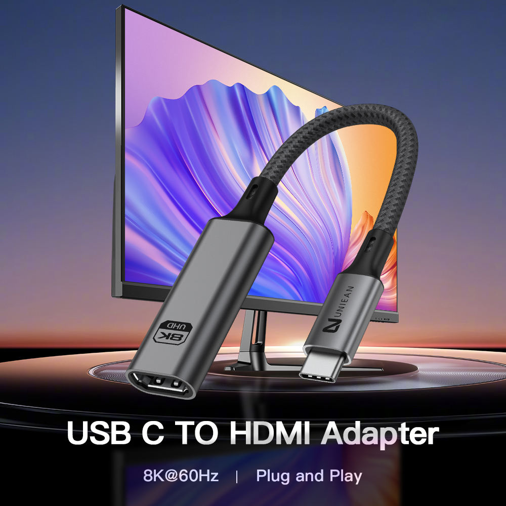 UNIEAN 0.2M USB C to HDMI Adapter 8K 60Hz 4K UHD Type C to HDMI Converter Cable for Macbook Pro TV Laptop Monitor Gaming