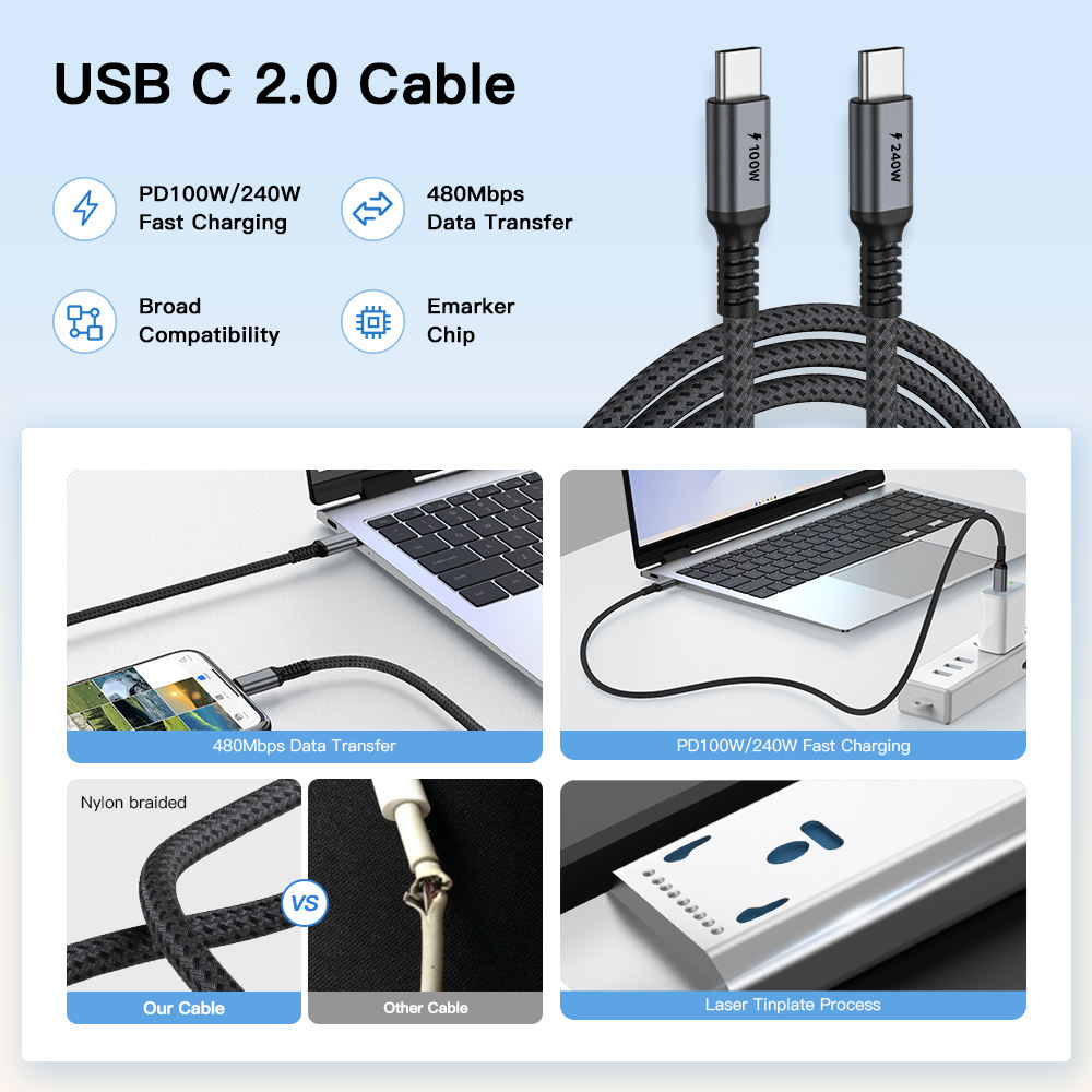 Wholesale High Quality Braided 3m USB C Type C Data Cable PD3.1 240W 48V 5A Fast Charging 480Mbps Data Transfer Cable Type C