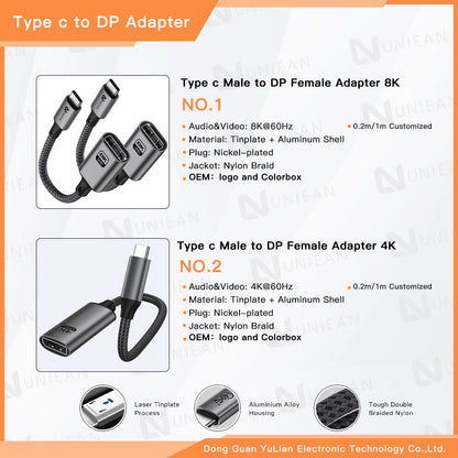 UNIEAN Wholesale HD 2M Usb 3.2 C to DP 60Hz Adapter Display Port Cable Type C to 8K DP Cable for Video Cable to Macbook Pro
