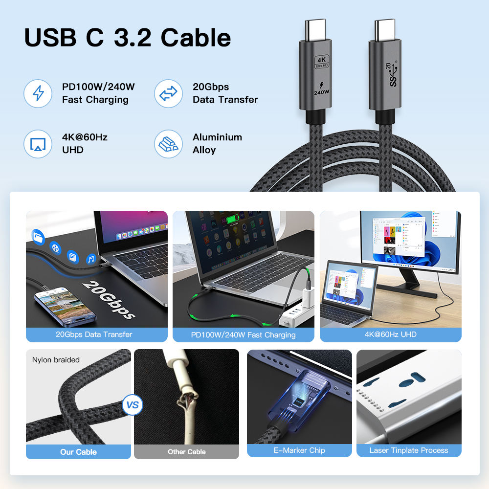 UNIEAN 240w Wholesale 2M 3M USB 3.2 Cable 5A Type C Usb Fast Charging Cable Data Cables for Iphones 15 Pro Max to Android