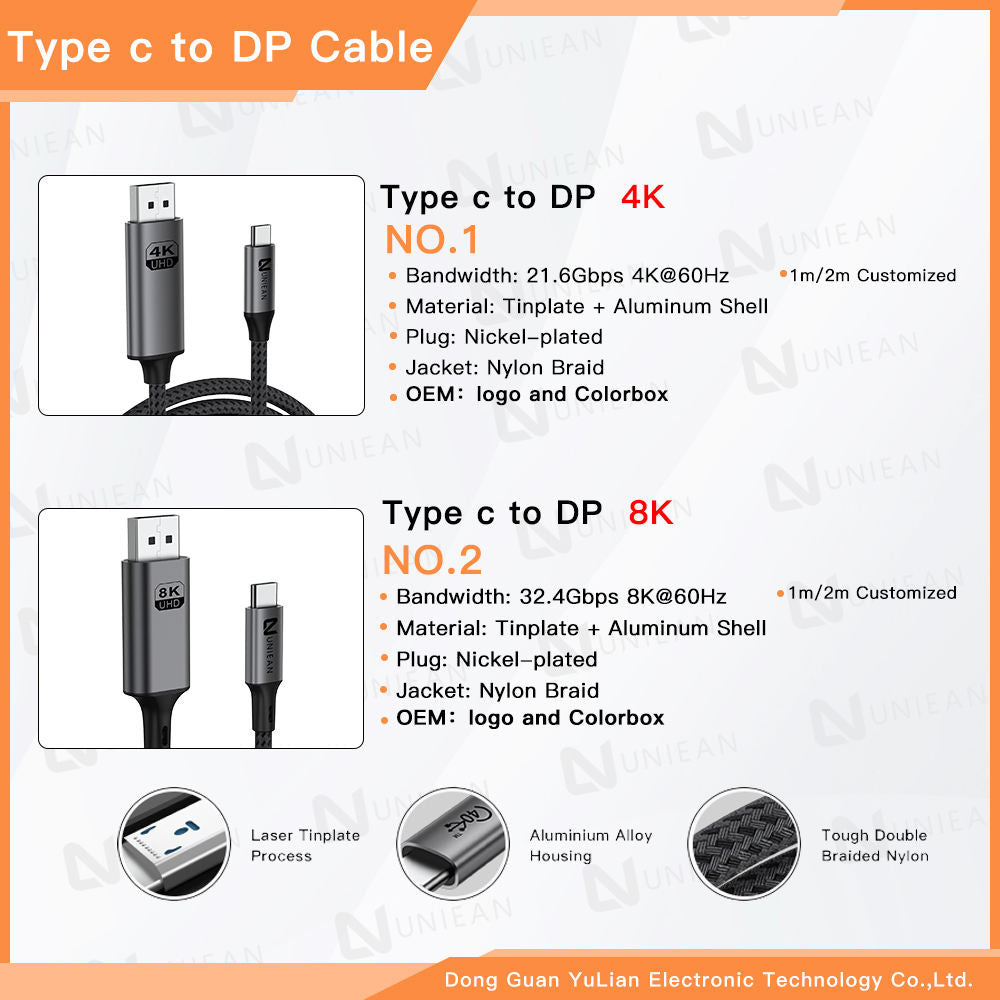 UNIEAN Wholesale HD 2M Usb 3.2 C to DP 60Hz Adapter Display Port Cable Type C to 8K DP Cable for Video Cable to Macbook Pro