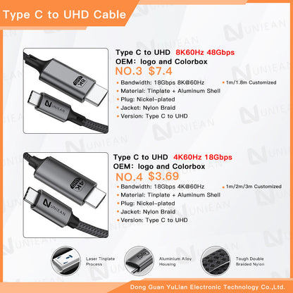 UNIEAN Wholesale HD 2M 3M Usb 3.2 c to UHD 60Hz Adapter Display Port Cable Type C to 8K 4K UHD Cable for Macbook Pro