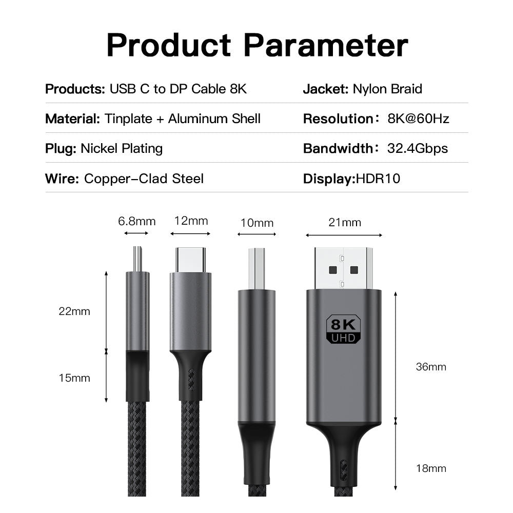 UNIEAN Wholesale HD 2M 3M Data Transfer 8k 60Hz Dp Cable 3.2 USB Type C to 2.1 DP Cable for Video Cable to Mobile Tv Ps5